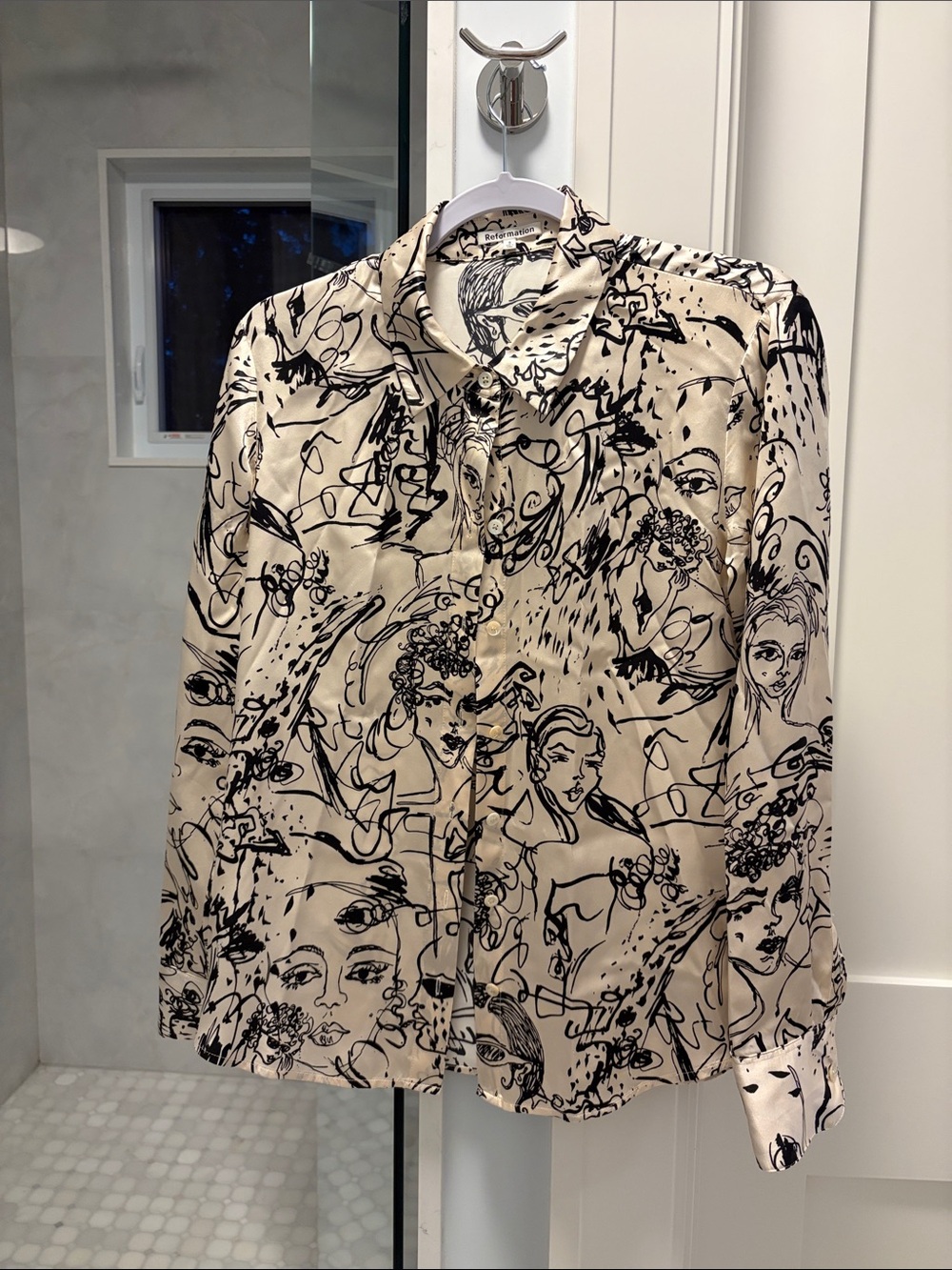 Silk Cream and Black Patterned Button-Up Shirt Jacket